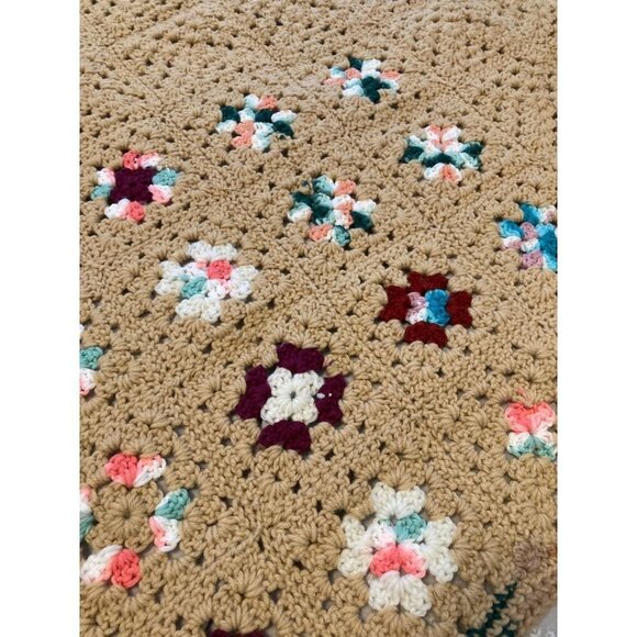 Handmade Granny Square Crocheted Blanket Tan w Multicolored Squares 50 x 60 - Picture 6 of 7